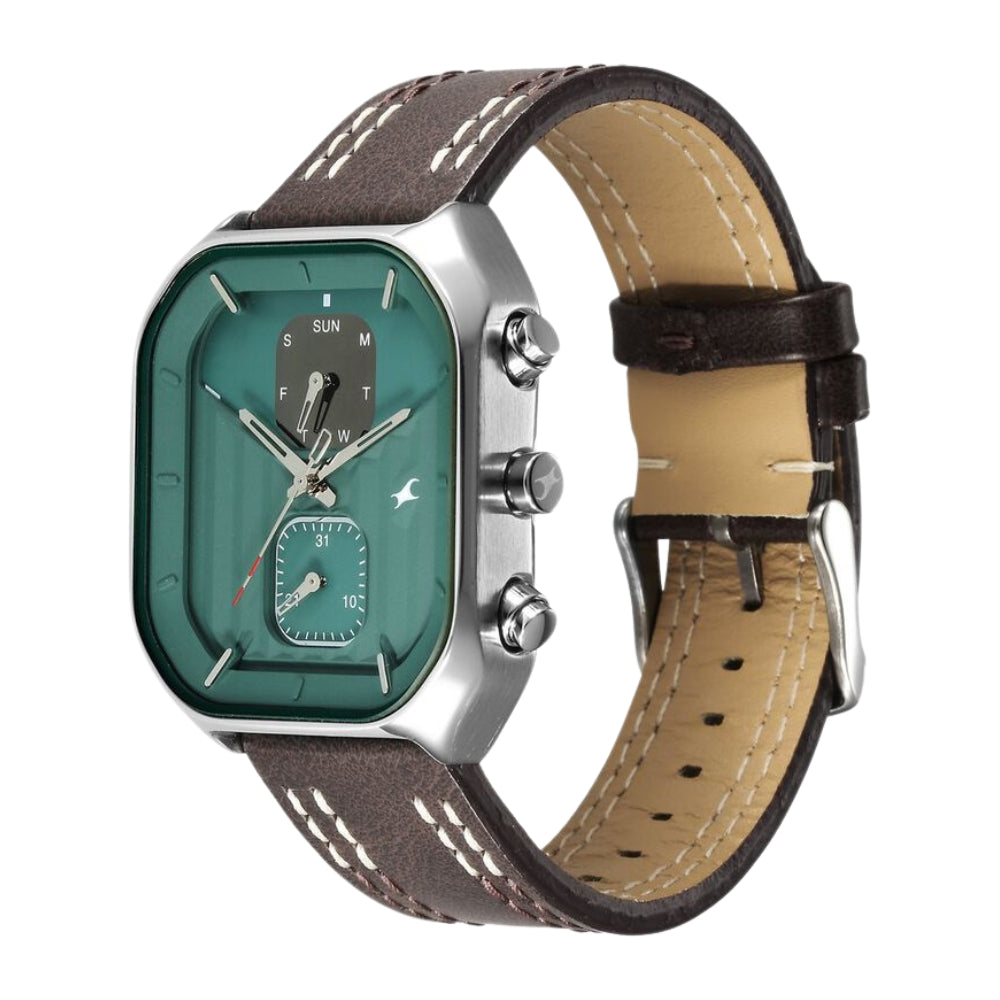 Fastrack Fleek Quartz Multifunction Green Dial Leather Strap Watch For Guys 3270SL03