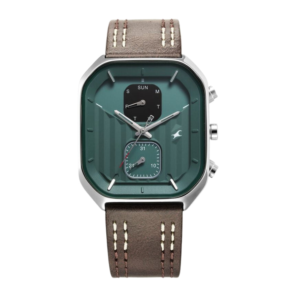 Fastrack Fleek Quartz Multifunction Green Dial Leather Strap Watch For Guys 3270SL03