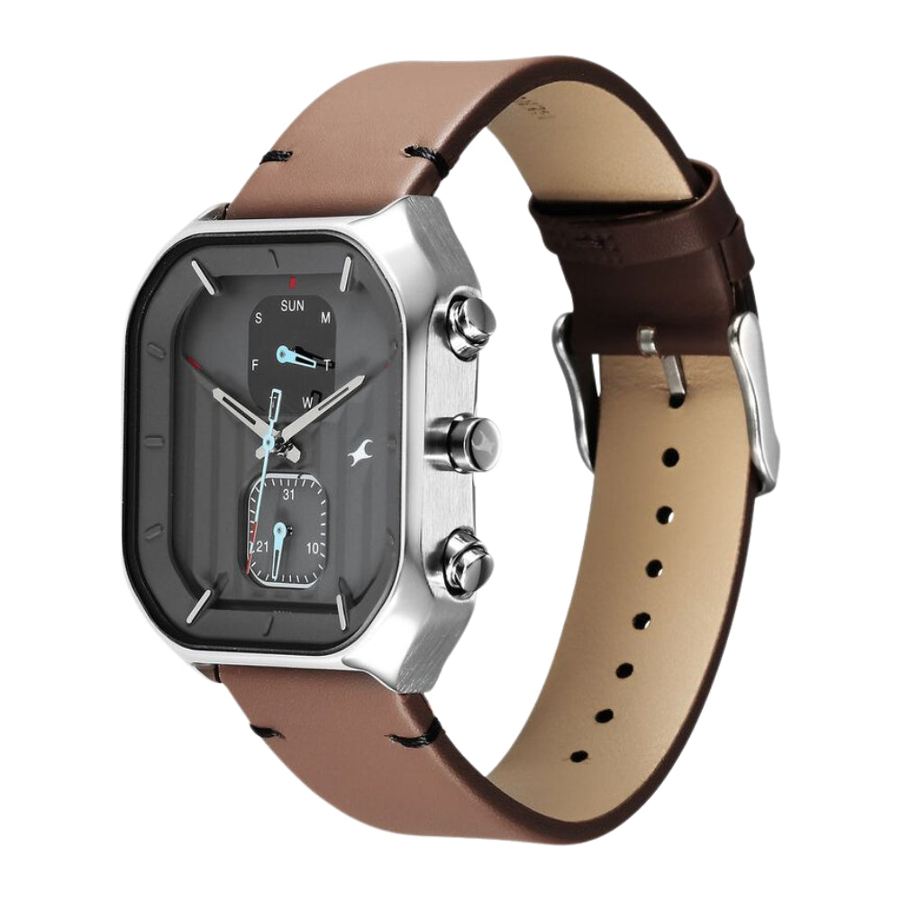 Fastrack Fleek Quartz Multifunction Grey Dial Leather Strap Watch For Guys 3270SL04