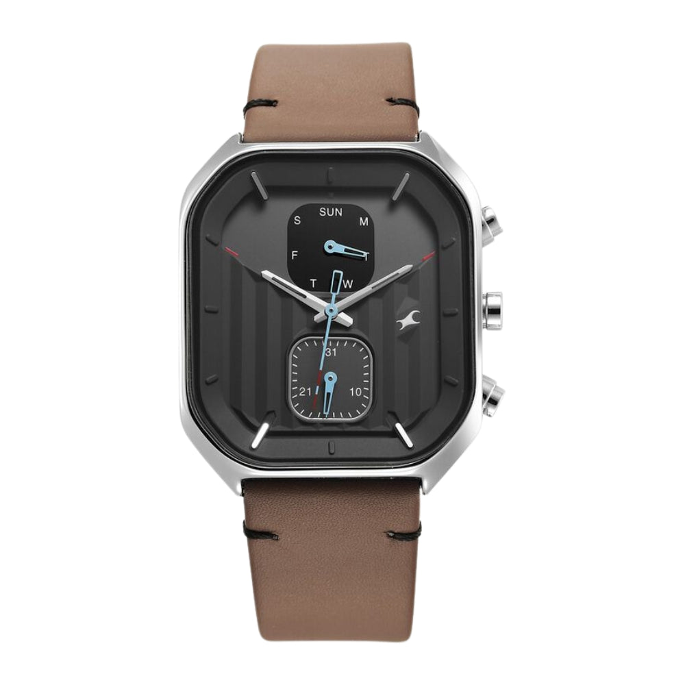 Fastrack Fleek Quartz Multifunction Grey Dial Leather Strap Watch For Guys 3270SL04