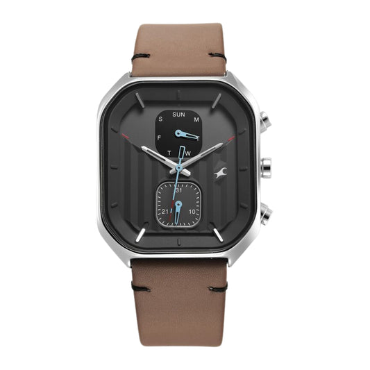 Fastrack Fleek Quartz Multifunction Grey Dial Leather Strap Watch For Guys 3270SL04