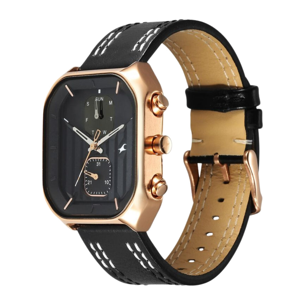 Fastrack Fleek Quartz Multifunction Black Dial Leather Strap Watch For Guys 3270WL01