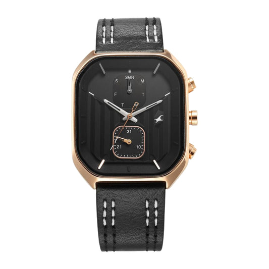 Fastrack Fleek Quartz Multifunction Black Dial Leather Strap Watch For Guys 3270WL01
