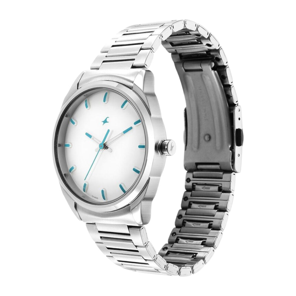 Fastrack Quartz Analog White Dial Silver Stainless Steel Strap Watch for Guys 3273SM01