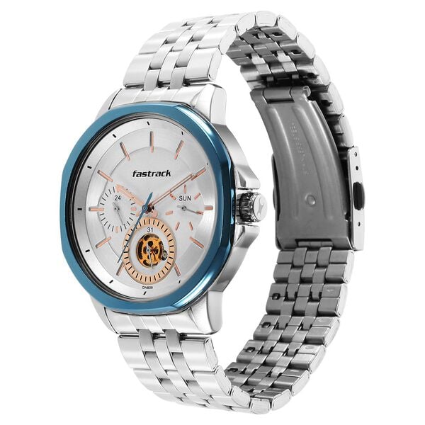 Fastrack Exuberant Quartz Multifunction Silver Dial Stainless Steel Strap Watch for Guys 3303KM01