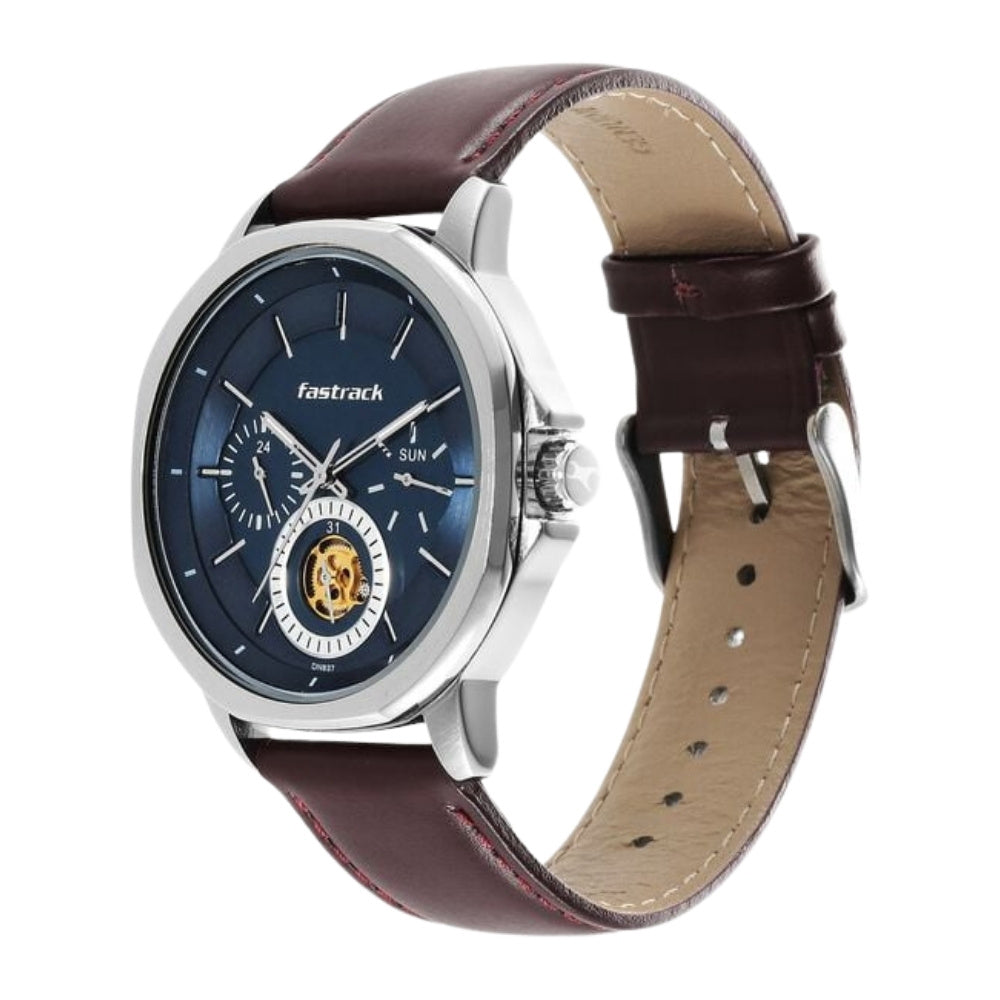Fastrack Exuberant Quartz Multifunction Blue Dial Leather Strap Watch for Guys 3303SL01