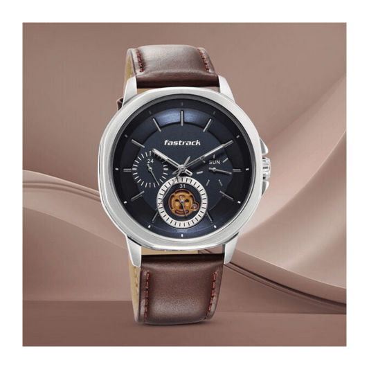 Fastrack Exuberant Quartz Multifunction Blue Dial Leather Strap Watch for Guys 3303SL01