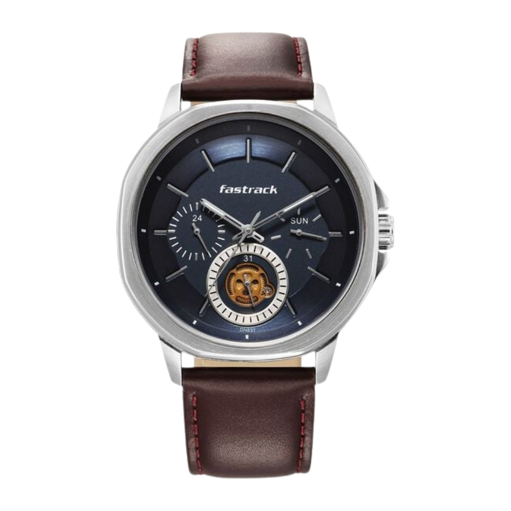 Fastrack Exuberant Quartz Multifunction Blue Dial Leather Strap Watch for Guys 3303SL01