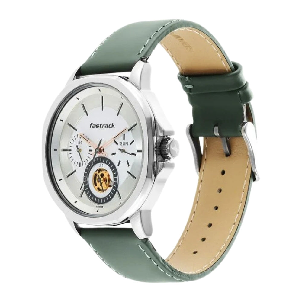 Fastrack Exuberant Quartz Multifunction White Dial Leather Strap Watch for Guys 3303SL02