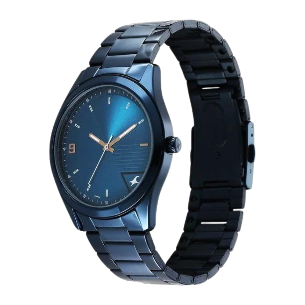 Fastrack Stunners Quartz Analog Blue Dial Blue Metal Strap Watch For Guys 3317QM01