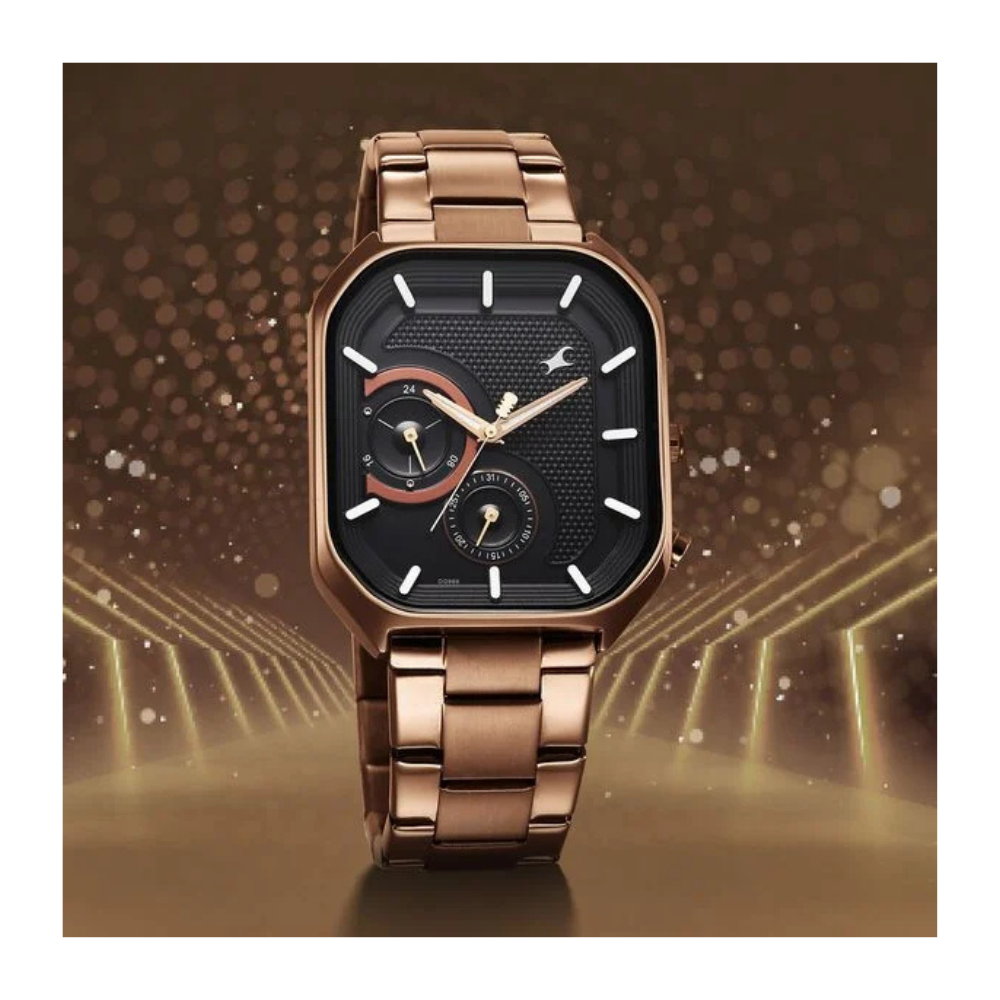 Fastrack Groove Multifunction Black Dial Metal Strap Guy's Watch with Lume indices 3321QM02