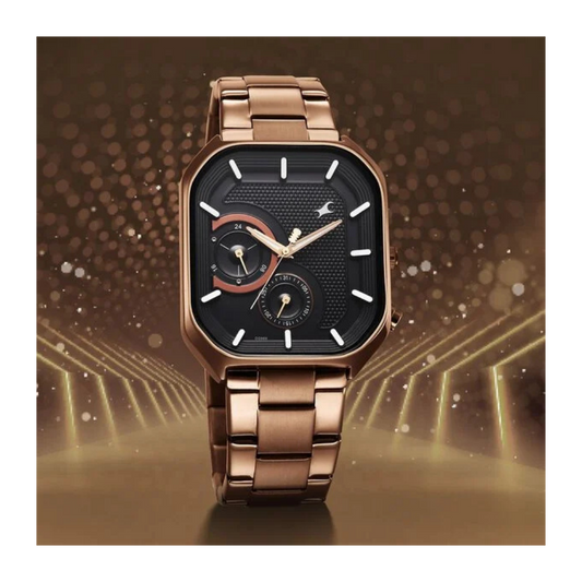 Fastrack Groove Multifunction Black Dial Metal Strap Guy's Watch with Lume indices 3321QM02