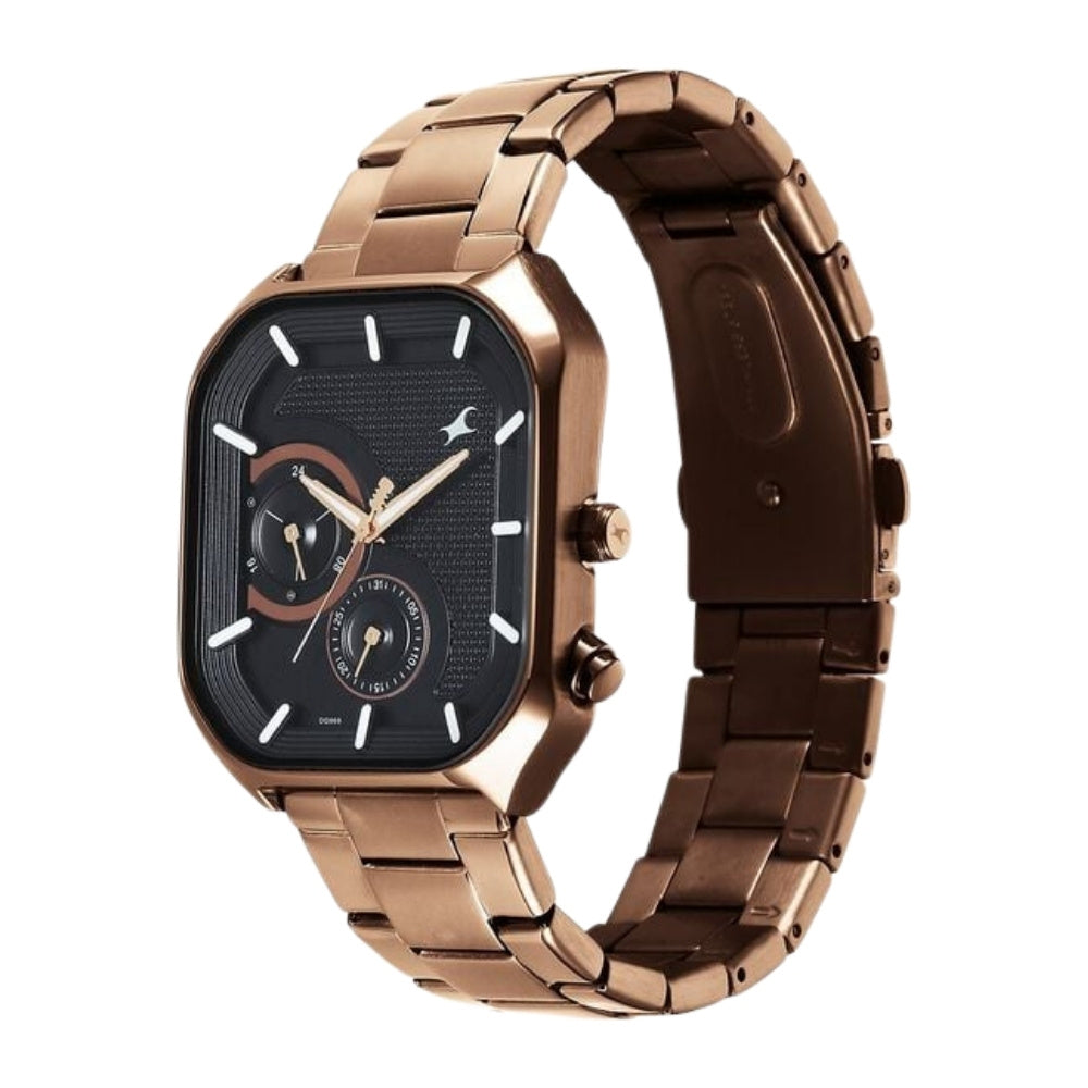 Fastrack Groove Multifunction Black Dial Metal Strap Guy's Watch with Lume indices 3321QM02