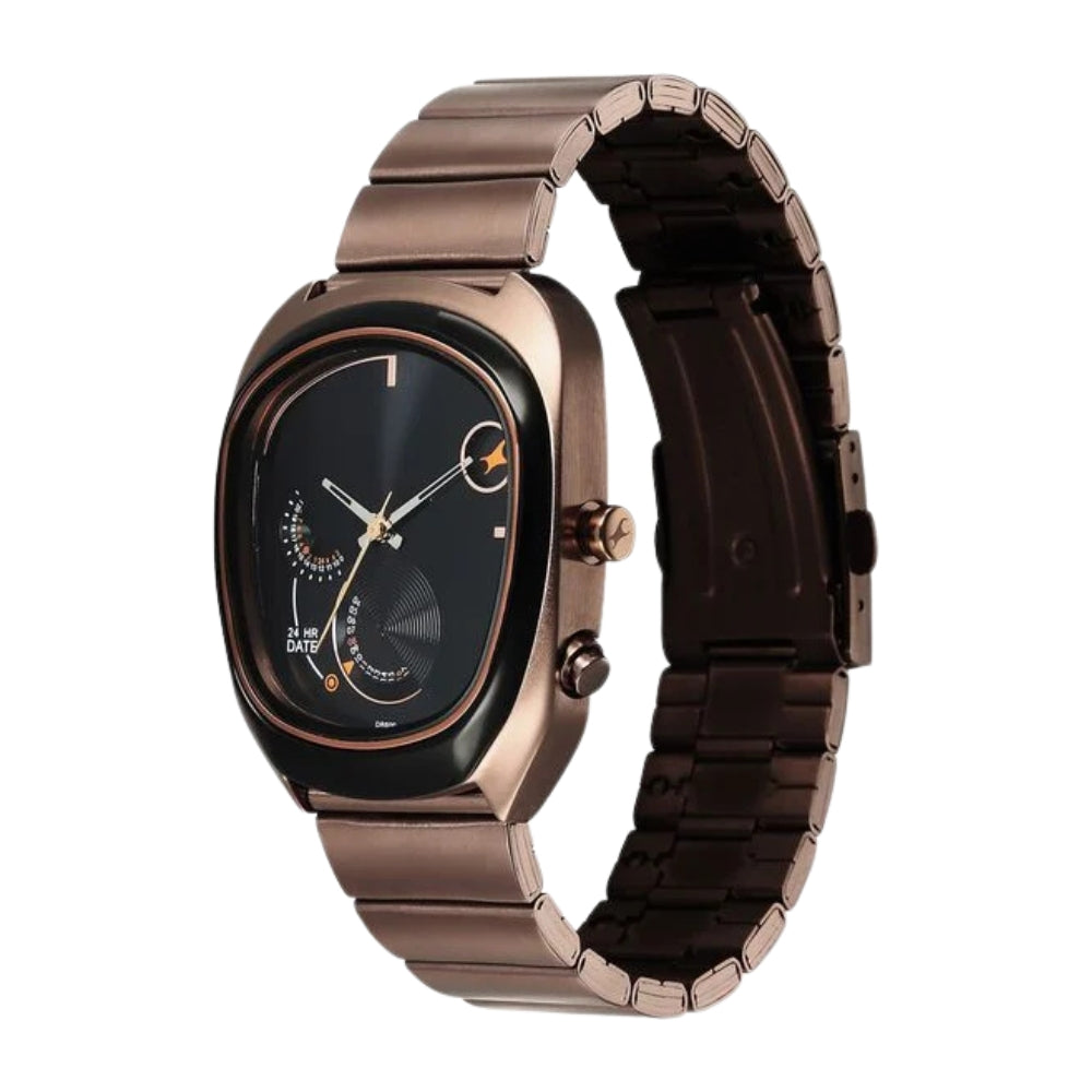 Fastrack UFO Quartz Multifunction Black Dial Brown Stainless Steel Strap Watch For Guys 3327KM01
