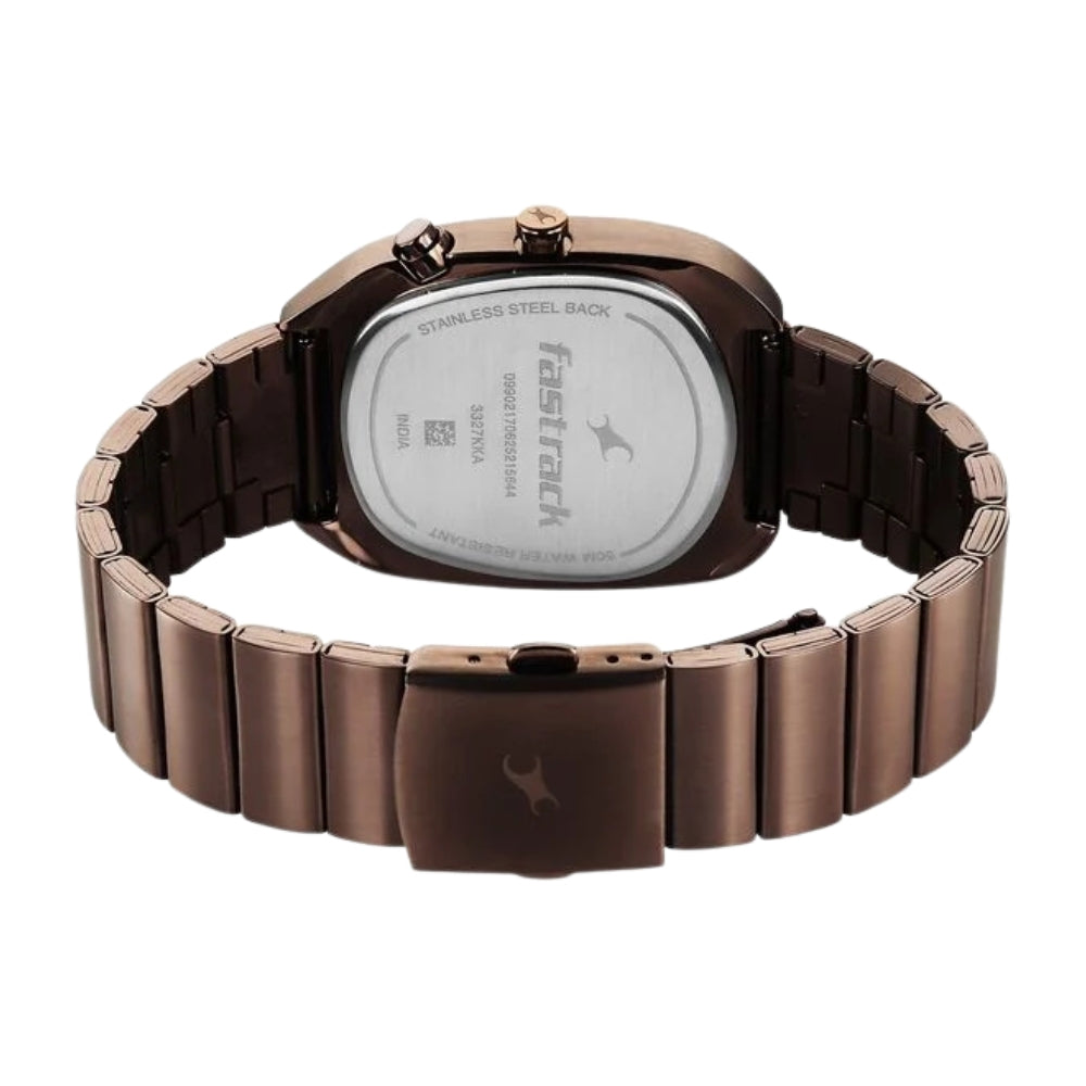 Fastrack UFO Quartz Multifunction Black Dial Brown Stainless Steel Strap Watch For Guys 3327KM01