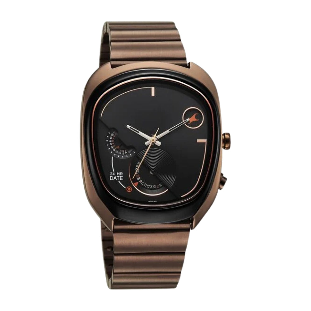 Fastrack UFO Quartz Multifunction Black Dial Brown Stainless Steel Strap Watch For Guys 3327KM01