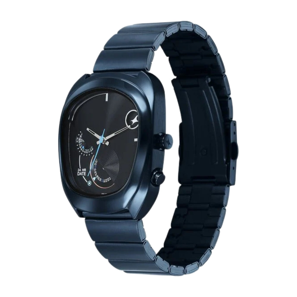 Fastrack UFO Quartz Multifunction Black Dial Blue Stainless Steel Strap Watch For Guys 3327QM01
