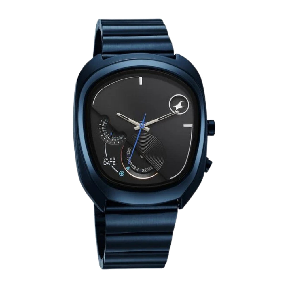 Fastrack UFO Quartz Multifunction Black Dial Blue Stainless Steel Strap Watch For Guys 3327QM01