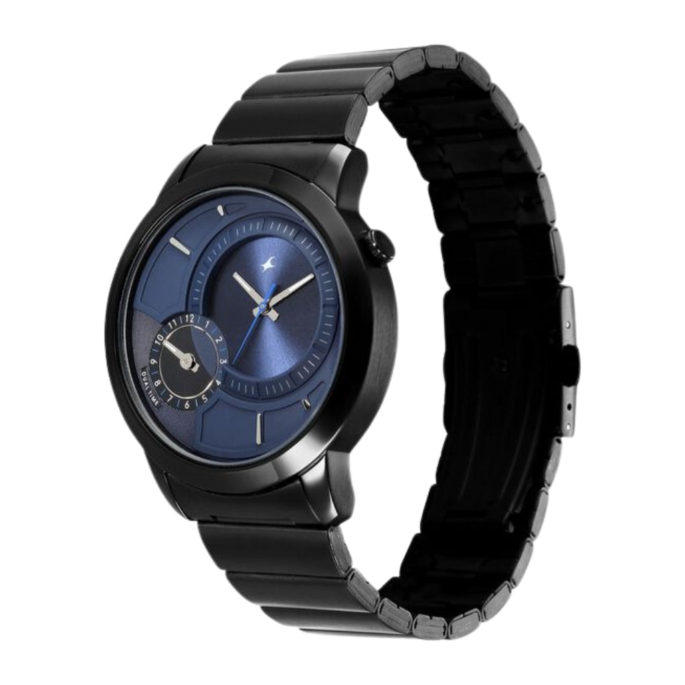 Fastrack Pulse IV Dual Time Watch for Men with Dark Blue Sunray Dial & Black Metal Strap 3340NM01