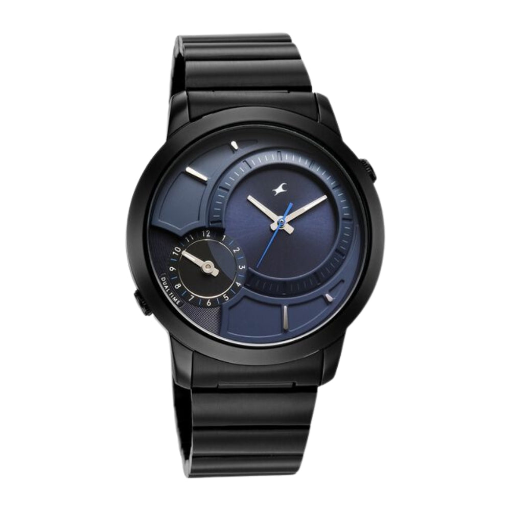 Fastrack Pulse IV Dual Time Watch for Men with Dark Blue Sunray Dial & Black Metal Strap 3340NM01