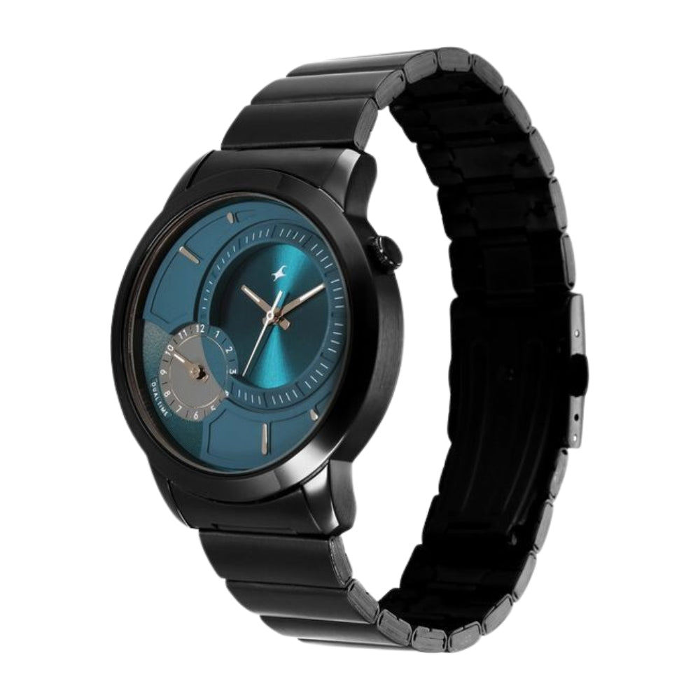 Fastrack Pulse IV Dual Time Watch for Men with Petrol Blue Sunray Dial & Black Metal Strap 3340NM02