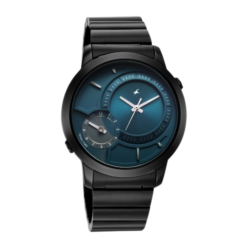 Fastrack Pulse IV Dual Time Watch for Men with Petrol Blue Sunray Dial & Black Metal Strap 3340NM02