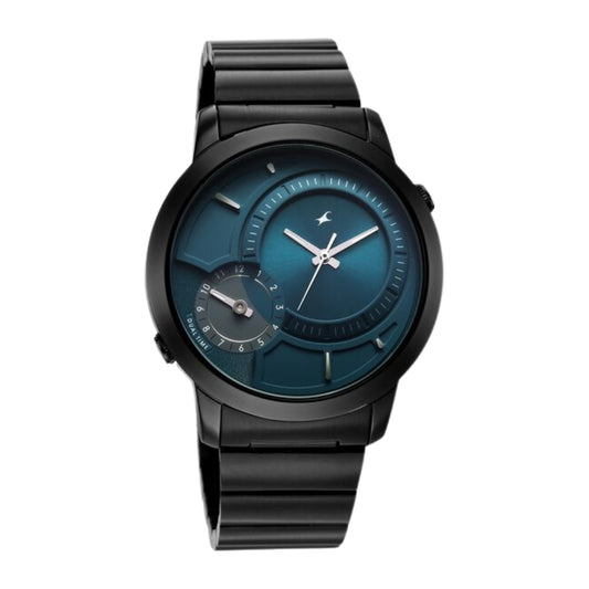 Fastrack Pulse IV Dual Time Watch for Men with Petrol Blue Sunray Dial & Black Metal Strap 3340NM02