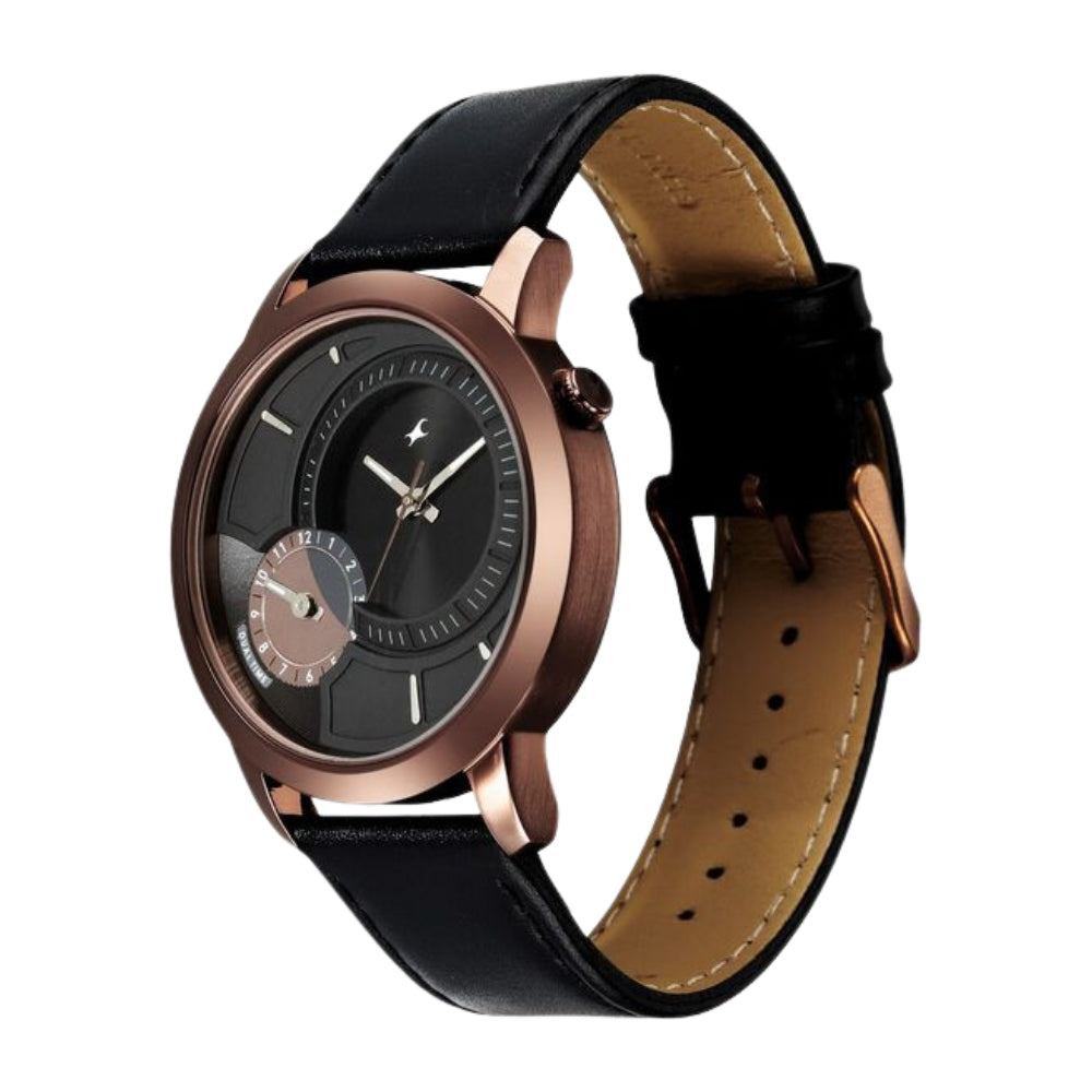Fastrack Pulse IV Dual Time Watch for Men with Black Sunray Dial & Black Leather Strap 3340QL01