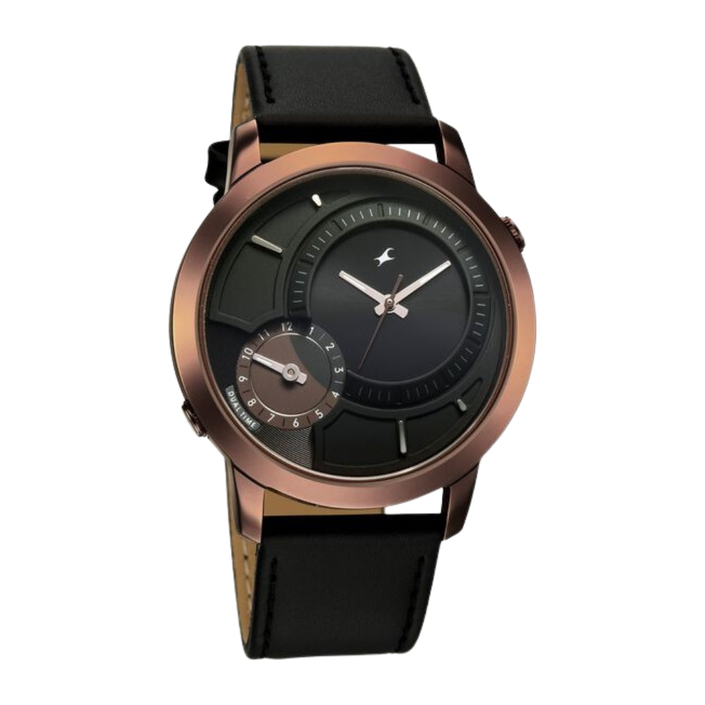Fastrack Pulse IV Dual Time Watch for Men with Black Sunray Dial & Black Leather Strap 3340QL01