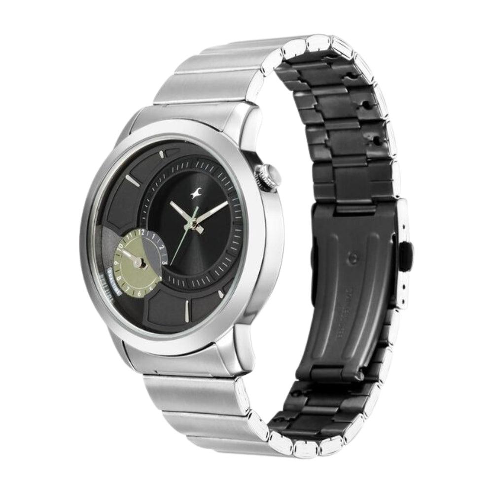 Fastrack Pulse IV Dual Time Watch for Men with Black Sunray Dial & Silver Metal Strap 3340SM01