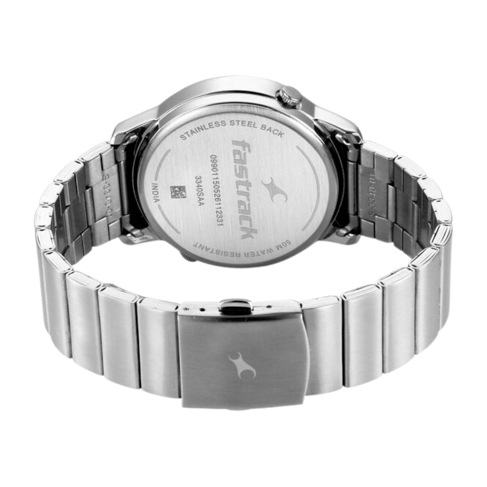 Fastrack Pulse IV Dual Time Watch for Men with Black Sunray Dial & Silver Metal Strap 3340SM01