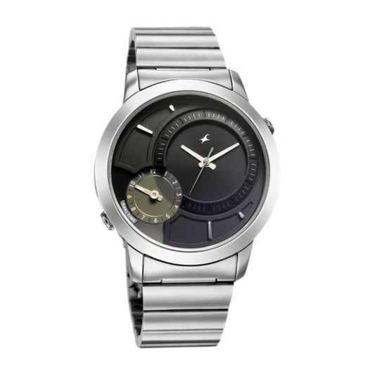 Fastrack Pulse IV Dual Time Watch for Men with Black Sunray Dial & Silver Metal Strap 3340SM01