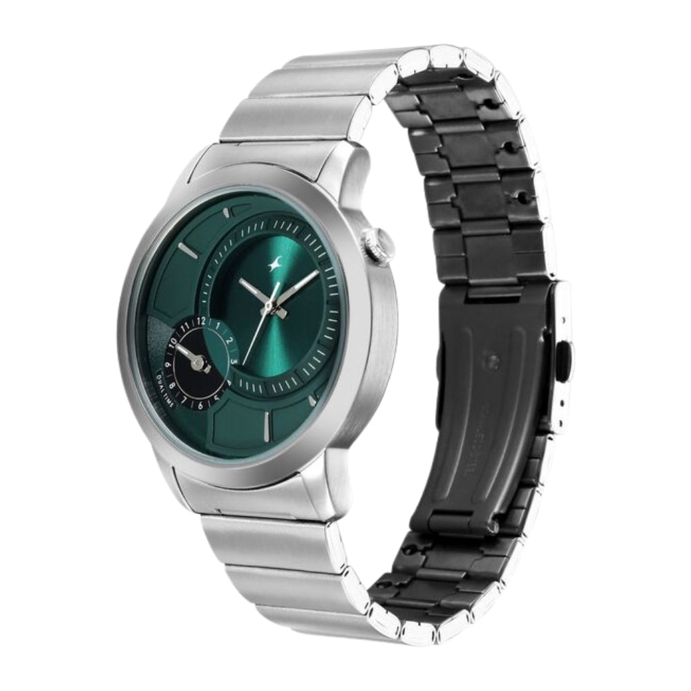 Fastrack Pulse IV Dual Time Watch for Men with Teal Green Sunray Dial & Silver Metal Strap 3340SM02