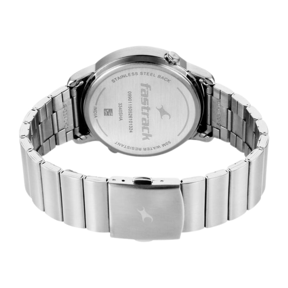 Fastrack Pulse IV Dual Time Watch for Men with Teal Green Sunray Dial & Silver Metal Strap 3340SM02