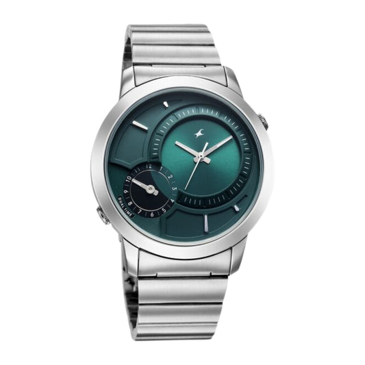 Fastrack Pulse IV Dual Time Watch for Men with Teal Green Sunray Dial & Silver Metal Strap 3340SM02
