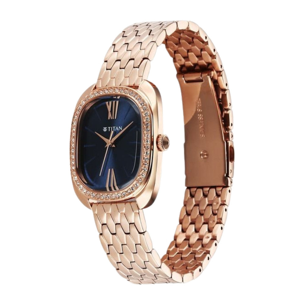 Titan Glamour Quartz Analog Blue Dial Rose Gold Stainless Steel Strap Watch For Women 95317WM01