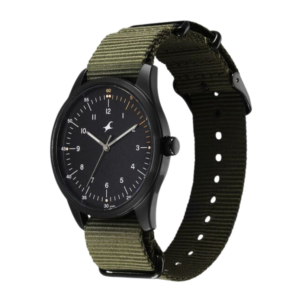 Fastrack Stunners Quartz Analog Black Dial Green Nylon Strap Watch For Guys 38214NP01