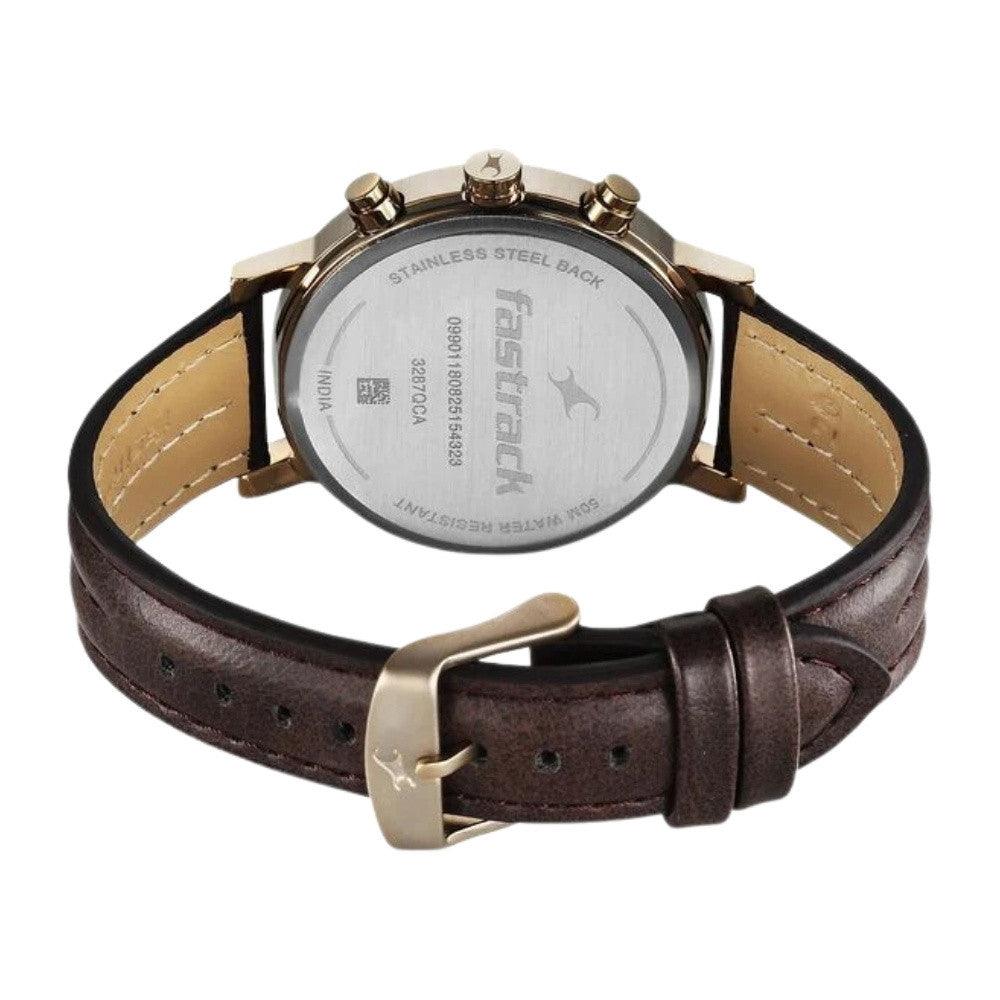 Fastrack Chrome K Quartz Multifunction Green Dial Brown Leather Strap Watch For Guys 3287QL02