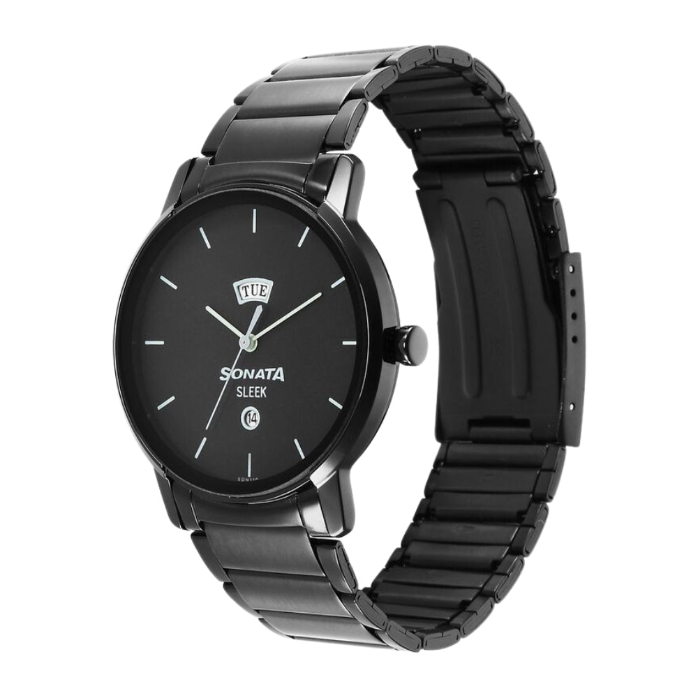 Sonata Sleek Black Dial Analog with Day and Date Watch for Men 7147NM01