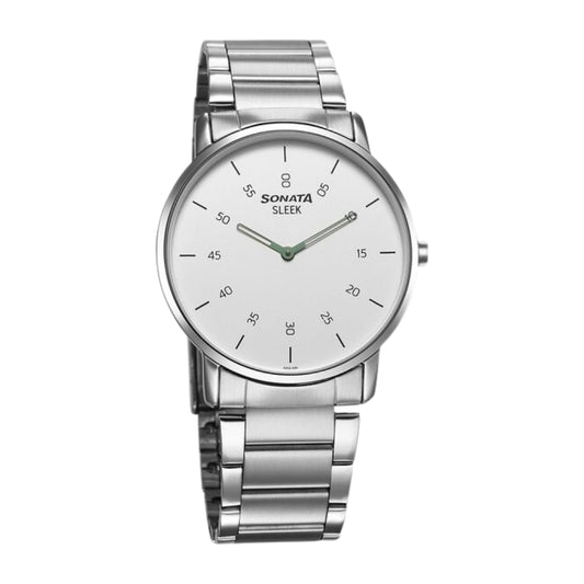 Sonata Sleek Quartz Analog White Dial Silver Stainless Steel Strap Watch For Men 7152SM01