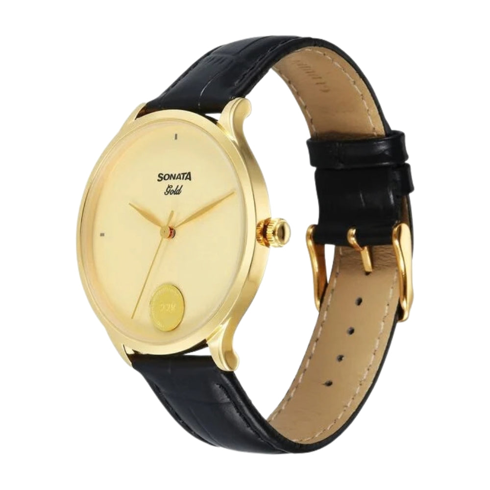 Sonata Gold Quartz Analog Champagne With Gold Coin Dial Black Leather Strap Watch For Men 7153YL02