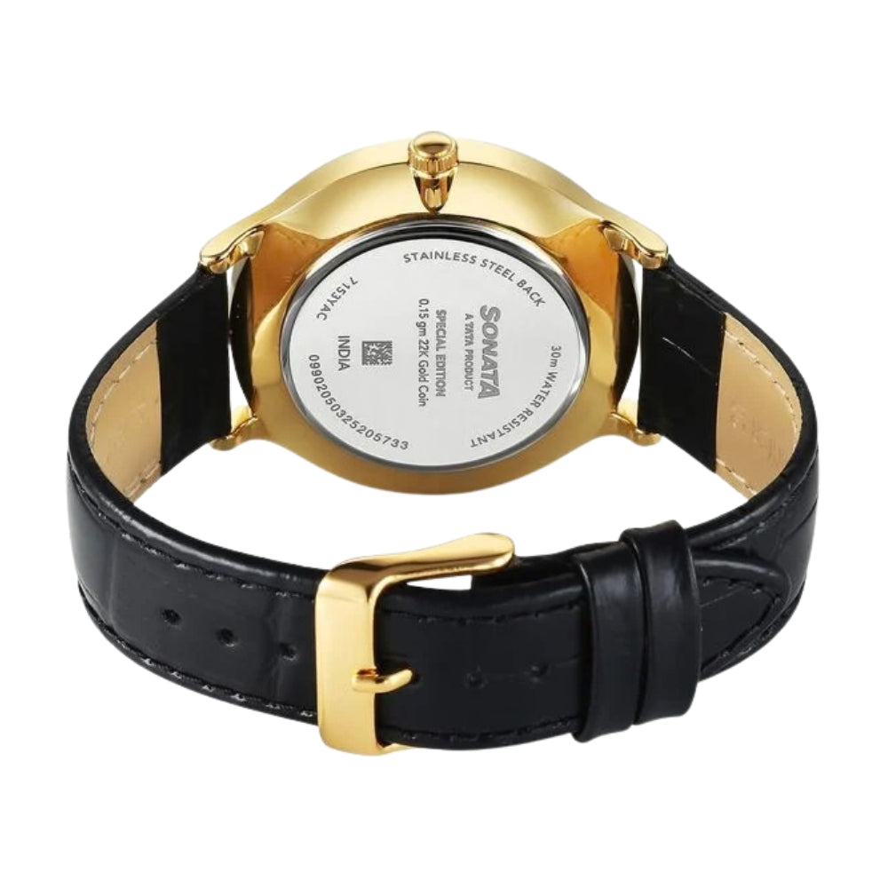 Sonata Gold Quartz Analog Champagne With Gold Coin Dial Black Leather Strap Watch For Men 7153YL02