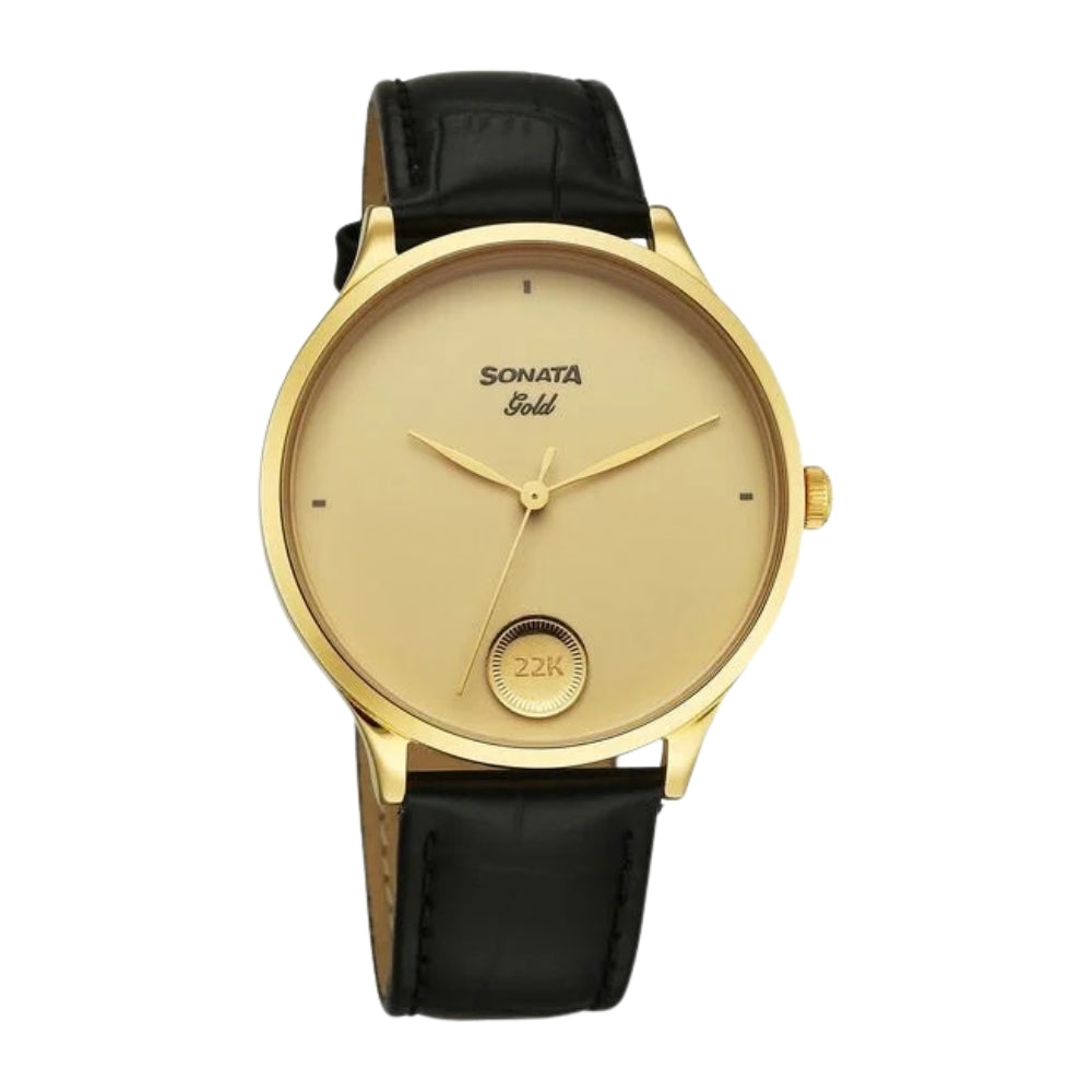 Sonata Gold Quartz Analog Champagne With Gold Coin Dial Black Leather Strap Watch For Men 7153YL02