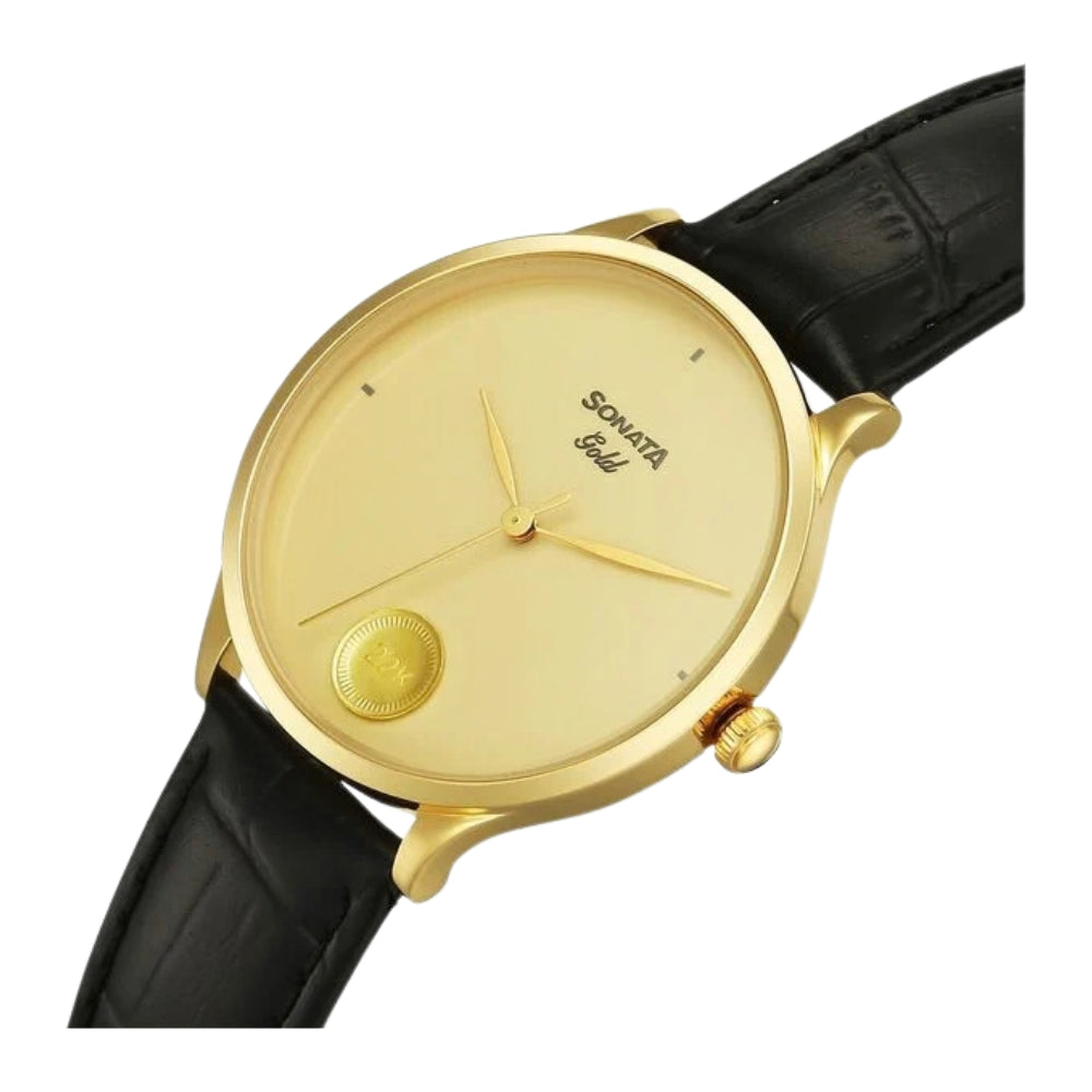 Sonata Gold Quartz Analog Champagne With Gold Coin Dial Black Leather Strap Watch For Men 7153YL02