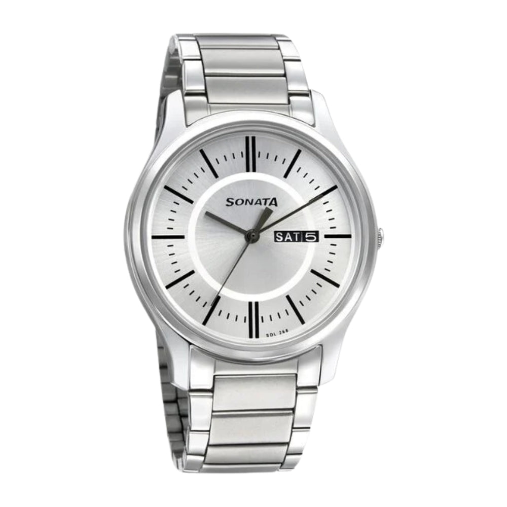 Sonata Quartz Analog with Day and Date Silver Dial Silver Stainless Steel Strap Watch For Men 77082SM02W