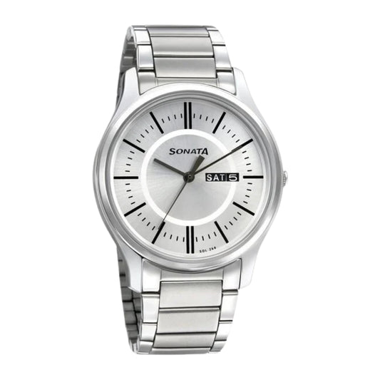 Sonata Quartz Analog with Day and Date Silver Dial Silver Stainless Steel Strap Watch For Men 77082SM02W
