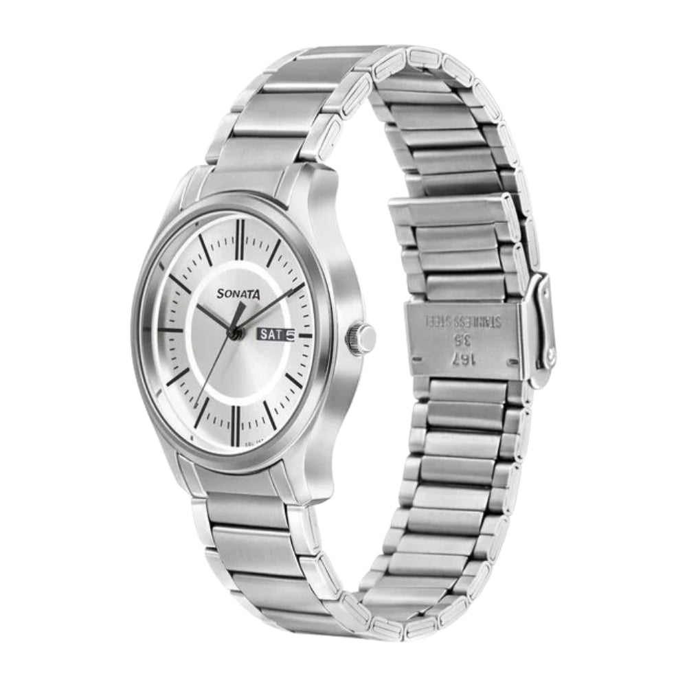Sonata Quartz Analog with Day and Date Silver Dial Silver Stainless Steel Strap Watch For Men 77082SM02W