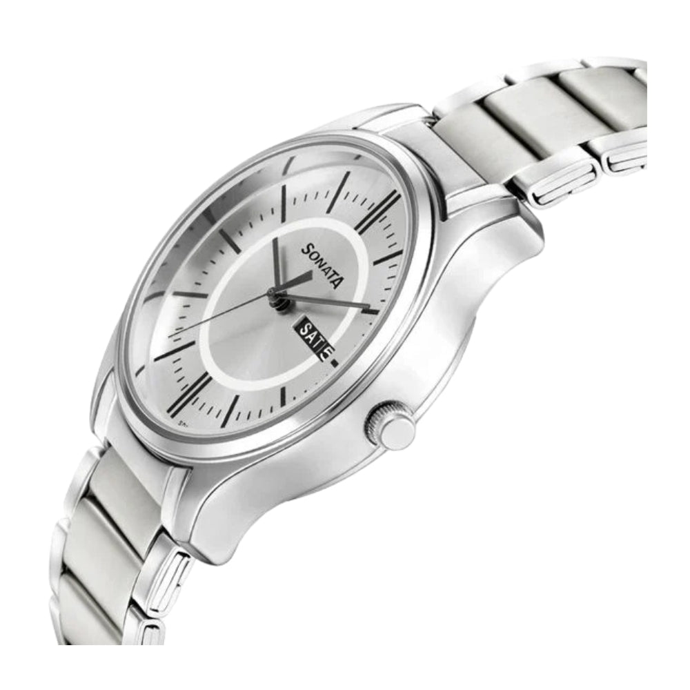 Sonata Quartz Analog with Day and Date Silver Dial Silver Stainless Steel Strap Watch For Men 77082SM02W