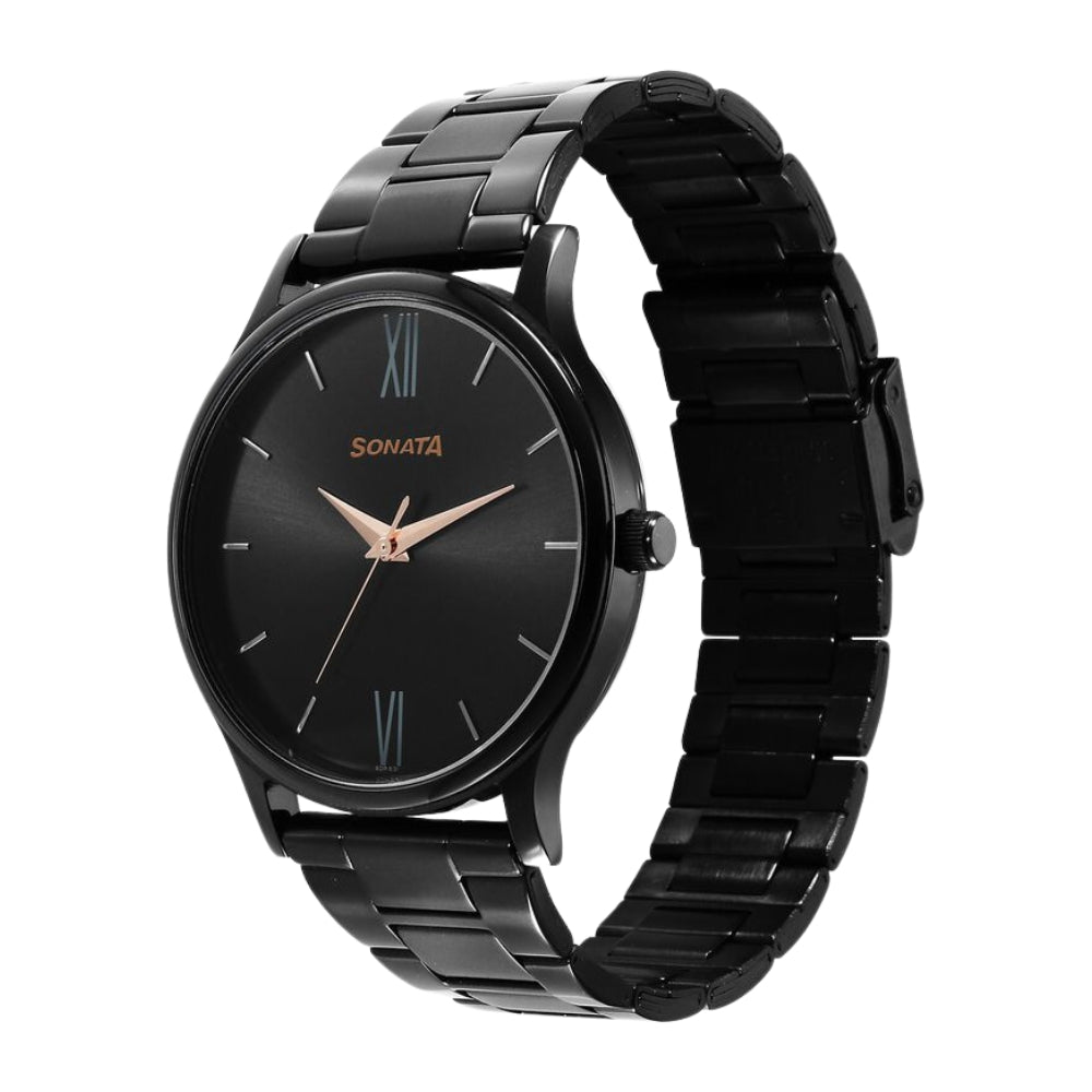 Sonata Aspire Quartz Analog Black Dial Stainless Steel Strap Watch for Men 77105NM03W