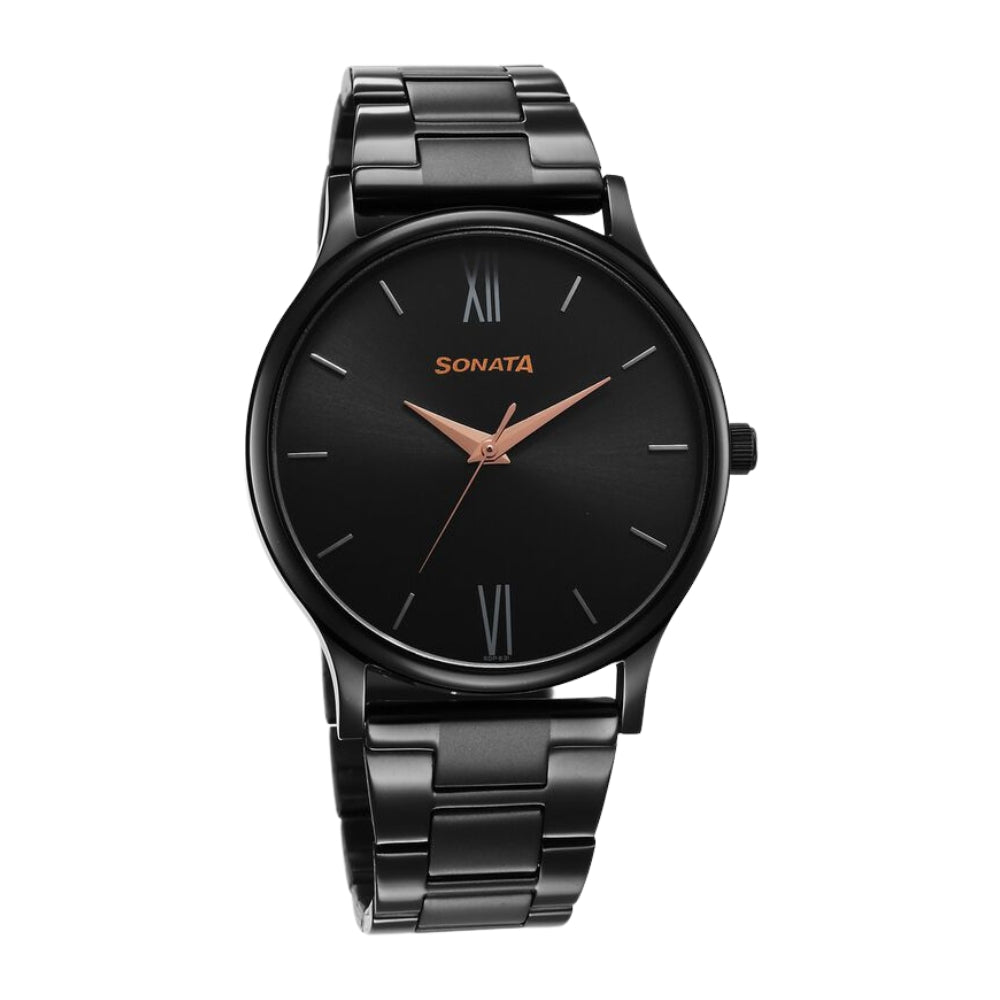 Sonata Aspire Quartz Analog Black Dial Stainless Steel Strap Watch for Men 77105NM03W